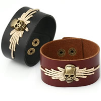 Unisex Bracelet Cowhide with Linen & Zinc Alloy Skull antique bronze color plated adjustable nickel lead & cadmium free 35mm Sold Per Approx 8.6 Inch Strand