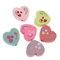 Wood Beads, Heart, printing, mixed colors, 18x16x6mm, Hole:Approx 1mm, 500PCs/Bag, Sold By Bag