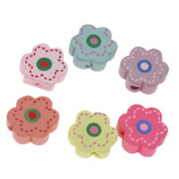 Perles en bois, fleur, impression, couleurs mélangées, 14x6mm, Trou:Environ 1mm, 1000PC/sac, Vendu par sac