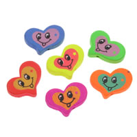 Holz Smile Face-Muster Bead, Herz, Drucken, gemischte Farben, 24x20x4mm, Bohrung:ca. 1mm, 500PCs/Tasche, verkauft von Tasche