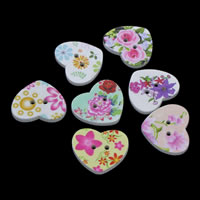 Wood 2-Hole Button, Heart, printing & mixed pattern, 25x22x3mm, Hole:Approx 1mm, 500PCs/Bag, Sold By Bag