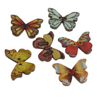 деревянный двухотверстные пуговицы, бабочка, Печать & смешанная картина, 28x21x3mm, отверстие:Приблизительно 1mm, 500ПК/сумка, продается сумка