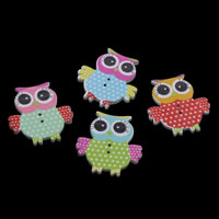 Wood 2-Hole Button, Owl, printing, mixed colors, 32x34x3mm, Hole:Approx 1mm, 500PCs/Bag, Sold By Bag