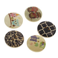 Wood 2-Hole Button, Flat Round, printing & mixed pattern & different size for choice, Hole:Approx 1mm, 500PCs/Bag, Sold By Bag