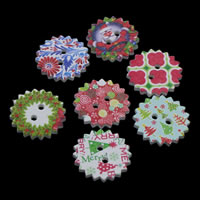 Wood 2-Hole Button, Flower, printing & mixed pattern, 35x4mm, Hole:Approx 1mm, 500PCs/Bag, Sold By Bag