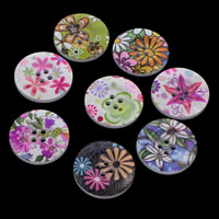 Wood 4-Hole Button, Flat Round, printing & mixed pattern & different size for choice, Hole:Approx 1mm, 1000PCs/Bag, Sold By Bag