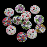 Wood 2-Hole Button, Flat Round, printing & mixed pattern & different size for choice, Hole:Approx 1mm, 1000PCs/Bag, Sold By Bag
