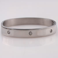 Stainless Steel Bangle, with rhinestone, original color, 9mm, Inner Diameter:Approx 67x59mm, Length:Approx 7.2 Inch, Sold By PC