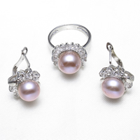 Natural Cultured Freshwater Pearl Jewelry Sets, finger ring & earring, Brass, with Freshwater Pearl, platinum color plated, with cubic zirconia, nickel, lead & cadmium free, 19x30x14mm, 15x14x19mm, US Ring Size:7, Sold By Set
