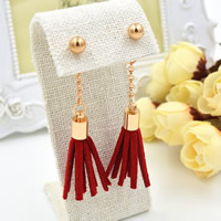 Fashion Fringe Earrings, Tibetan Style, with Velveteen, stainless steel post pin, Tassel, gold color plated, more colors for choice, lead & cadmium free, 60mm, Sold By Pair
