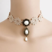 Gothic Necklace, Lace, with Plastic Pearl & Tibetan Style, with 2 lnch extender chain, antique bronze color plated, nickel, lead & cadmium free, 25mm, Sold Per Approx 11 Inch Strand