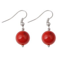 Natural Coral Drop Earring iron earring hook Round platinum color plated red Sold By Bag