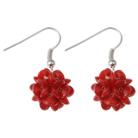Natural Coral Drop Earring, iron earring hook, platinum color plated, red, 13x33mm, 10Pairs/Bag, Sold By Bag