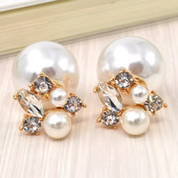 Double Faced Stud Earring, Tibetan Style, with ABS Plastic Pearl & Crystal, stainless steel post pin, gold color plated, faceted & with rhinestone, lead & cadmium free, 16mm, Sold By Pair
