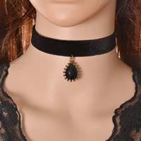 Gothic Necklace, Velveteen, with Crystal & Tibetan Style, with 5cm extender chain, Teardrop, antique bronze color plated, faceted, 330mm, Length:Approx 13 Inch, 12Strands/Bag, Sold By Bag