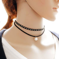 Gothic Necklace, Velveteen Cord, with ABS Plastic Pearl & Tibetan Style, with 5cm extender chain, Round, platinum color plated, 2-strand, 330mm, Length:Approx 13 Inch, 12Strands/Bag, Sold By Bag
