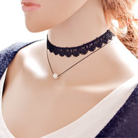 Gothic Necklace Lace with ABS Plastic Pearl & Waxed Linen Cord zinc alloy lobster clasp with 5cm extender chain Round platinum color plated 330mm Length Approx 13 Inch Sold By Bag
