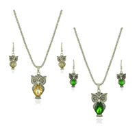 Tibetan Style Jewelry Sets, earring & necklace, with Crystal, brass earring hook, with 2.3lnch extender chain, Owl, antique silver color plated, lantern chain & faceted & with rhinestone, more colors for choice, nickel, lead & cadmium free, 27x43mm, 15x22mm, Length:Approx 18.6 Inch, 10Sets/Lot, Sold By Lot