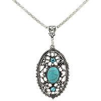 Zinc Alloy Jewelry Necklace with iron chain & Turquoise with 5cm extender chain Flat Oval antique silver color plated lantern chain & with rhinestone lead & cadmium free Length Approx 18.5 Inch Sold By Bag