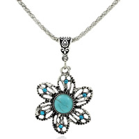 Tibetan Style Jewelry Necklace, with iron chain & Turquoise, with 5cm extender chain, Flower, antique silver color plated, lantern chain & with rhinestone, lead & cadmium free, 33x33mm, Length:Approx 18.5 Inch, 3Strands/Bag, Sold By Bag