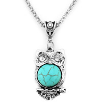 Tibetan Style Jewelry Necklace, with iron chain & Turquoise, with 5cm extender chain, Owl, antique silver color plated, lantern chain & with rhinestone, lead & cadmium free, 19x32mm, Length:Approx 18 Inch, 3Strand/Bag, Sold By Bag