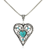 Tibetan Style Jewelry Necklace, with iron chain & Turquoise, with 5cm extender chain, Heart, antique silver color plated, lantern chain & with rhinestone, lead & cadmium free, 39x46mm, Length:Approx 18.5 Inch, 3Strands/Bag, Sold By Bag