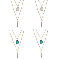 Multi Layer Necklace, Tibetan Style, with ABS Plastic Pearl & iron chain & Resin, with 5cm extender chain, Leaf, gold color plated, imitation druzy quartz & oval chain & 2-strand, more colors for choice, lead & cadmium free, 23mm, 30mm, Length:Approx 15.5 , 3Strands/Bag, Sold By Bag