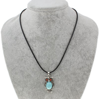 Tibetan Style Jewelry Necklace, with Waxed Linen Cord & Turquoise, with 5cm extender chain, Owl, antique silver color plated, with rhinestone, lead & cadmium free, 19x35x8mm, Sold Per Approx 20 Inch Strand
