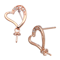 925 Sterling Silver Earring Drop Findings, Heart, real rose gold plated, micro pave cubic zirconia, 9x11x12mm, 3x6.5x3mm, 0.8mm, 0.9mm, 5Pairs/Lot, Sold By Lot