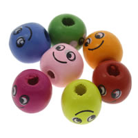 Wood Smile Face Pattern Bead, Round, printing, mixed colors, 14mm, Hole:Approx 1mm, Approx 600PCs/Bag, Sold By Bag