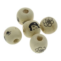Perles en bois, Rond, impression, modèle mixte, 12mm, Trou:Environ 1mm, Environ 1000PC/sac, Vendu par sac