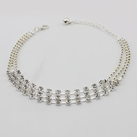 Brass Anklet, with 5cm extender chain, platinum color plated, 3-strand & with rhinestone, nickel, lead & cadmium free, 220mm, Length:Approx 9 Inch, 3Strands/Bag, Sold By Bag
