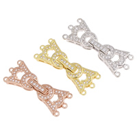 Brass Fold Over Clasp, plated, 3/3 loop & micro pave cubic zirconia, more colors for choice, nickel, lead & cadmium free, 32x13x4mm, Hole:Approx 1mm, 5PCs/Bag, Sold By Bag