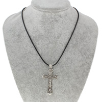Zinc Alloy smykker halskæde, med Vokset Hamp Cord, med 5cm extender kæde, Krucifiks Cross, antik sølv farve forgyldt, med bogstavet mønster, bly & cadmium fri, 33x63x3mm, Solgt Per Ca. 20 inch Strand
