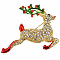 julen Broscher, Zink Alloy, Deer, guldfärg pläterade, Julen smycken & emalj & med strass, leda & kadmiumfri, 43x50mm, 3PC/Bag, Säljs av Bag