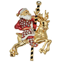 Christmas Brooches Zinc Alloy Santa Claus gold color plated Christmas jewelry & enamel & with rhinestone lead & cadmium free Sold By Bag