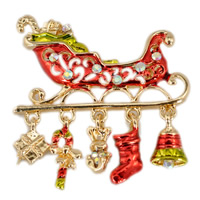 Christmas Brooches, Tibetan Style, Christmas Sock, gold color plated, Christmas jewelry & colorful plated & enamel & with rhinestone, lead & cadmium free, 40mm, 3PCs/Bag, Sold By Bag