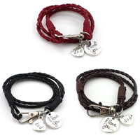 PU Leather Cord Bracelets, with Tibetan Style, Heart, antique silver color plated, Unisex & with letter pattern & 3-strand, more colors for choice, 400mm, Length:Approx 15.5 Inch, 12Strands/Bag, Sold By Bag