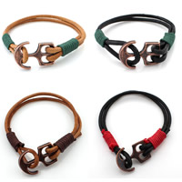 Cowhide Bracelet, with Nylon Cord & Tibetan Style, Anchor, antique copper color plated, nautical pattern & Unisex, more colors for choice, 200mm, Length:Approx 7.5 Inch, 12Strands/Bag, Sold By Bag