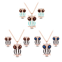 Zinc Alloy Jewelry Sets earring & necklace with iron chain & Crystal stainless steel post pin Owl real rose gold plated rolo chain & enamel & faceted & with rhinestone lead & cadmium free Length Approx 15.5 Inch Sold By Set