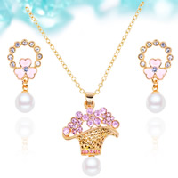 Rhinestone Jewelry Sets earring & necklace Zinc Alloy with ABS Plastic Pearl & iron chain stainless steel post pin Flower Basket real gold plated oval chain & enamel & with rhinestone lead & cadmium free  Length Approx 15.5 Inch Sold By Set