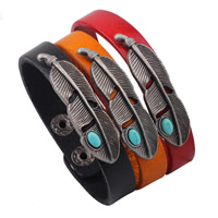 Unisex Bracelet, PU Leather, with Turquoise & Tibetan Style, Feather, antique silver color plated, more colors for choice, Sold Per Approx 8.6 Inch Strand