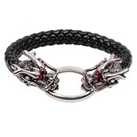 Men Bracelet, PU Leather, Tibetan Style snap clasp, Dragon, antique silver color plated, for man & with rhinestone, 15mm, Sold Per Approx 7.8 Inch Strand