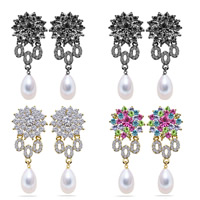 Rhinestone Earring, Tibetan Style, with ABS Plastic Pearl, stainless steel post pin, Teardrop, plated, with rhinestone, more colors for choice, lead & cadmium free, 55x25mm, Sold By Pair