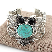 Tibetan Style Cuff Bangle, with Turquoise & Resin, Owl, antique silver color plated, lead & cadmium free, 180x30mm, Inner Diameter:Approx 57mm, Length:Approx 6.5 Inch, 3PCs/Bag, Sold By Bag
