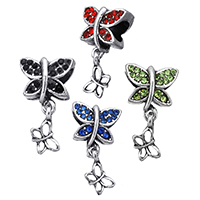 European Style Tibetan Style Dangle Beads, Butterfly, antique silver color plated, without troll & with rhinestone, more colors for choice, nickel, lead & cadmium free, 12x12.5x8.5mm, 3x11.5x1mm, Hole:Approx 5mm, 100PCs/Lot, Sold By Lot