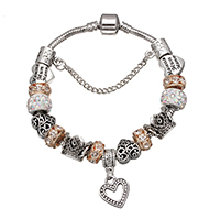 European Bracelet, Tibetan Style, with Clay Pave & brass chain, Heart, plated, charm bracelet & Mother Day Jewelry & snake chain & with letter pattern & for woman & with rhinestone, nickel, lead & cadmium free, 13x14.5x2mm, 5x9.5x9.5mm, 3mm, 9x10x9.5mm, Length:Approx 7.5 Inch, 10Strands/Lot, Sold By Lot