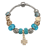 European Bracelet, Tibetan Style, with Clay Pave & brass chain & Lampwork, Four Leaf Clover, word be my valentine, plated, charm bracelet & snake chain & for woman & enamel & with rhinestone, nickel, lead & cadmium free, 12x15.5x1.5mm, 9x14x14mm, 3mm, 9x10x9.5mm, Length:Approx 7.5 Inch, 10Strands/Lot, Sold By Lot