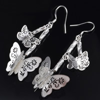 Boucles d'oreilles pendantes en laiton, papillon, Plaqué d'argent, sans plomb et cadmium, 20x55mm, Vendu par paire