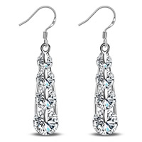 Cubic Zircon (CZ) Drop Earring, Brass, with Cubic Zirconia, real silver plated, lead & cadmium free, 6x38mm, Sold By Pair